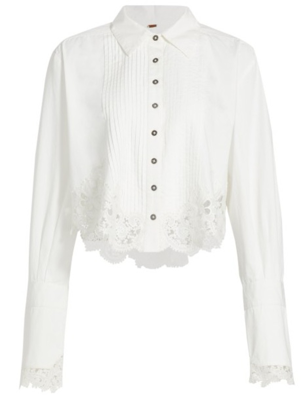 Free People “Hooked On You” Lace-Trim Pintuck Cropped Button-Down